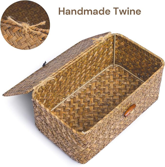 Decorative Storage Basket with Lid Set of 3,Woven Seagrass Storage Bins for Shelves for Organizing, Rectangular Baskets for Decoration, Picnic, Groceries and Toy Storage