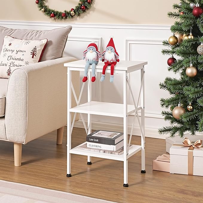 VECELO End Table, 24" Tall Wood Living Room X-Design Reinforced Side Tables, Nightstands with 3-Tier Wood Storage Shelves for Small Spaces, Office, Bathroom, Bedroom, Pearl White, 2 Pack