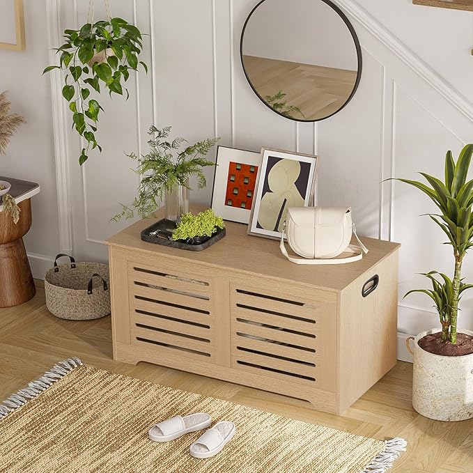 DINZI LVJ Storage Chest, 43.3âWooden Storage Box with 2 Safety Hinges, Entryway Shoe Bench with Flip-Top, Farmhouse Style Trunk for Living Room, Bedroom, Play Room, Easy Assembly, Natural