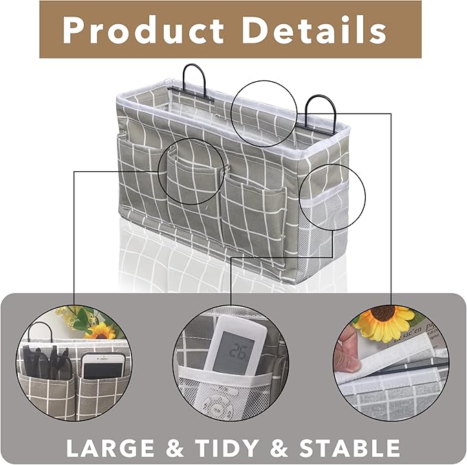 2pcs Light-Style Wall Hanging Storage Bag, Linen Fabric Door Hanging Organizer Baskets with Pockets, Waterproof Bin for Bedroom, Kitchen, Office, RV Camper (GreyGrid-2pcs)