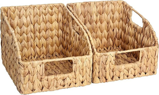 StorageWorks Pantry Baskets for Organizing, Wicker Basket with Built-in Handles, Handwoven Wicker Storage Baskets, Water Hyacinth for Shelves, 2 Pack