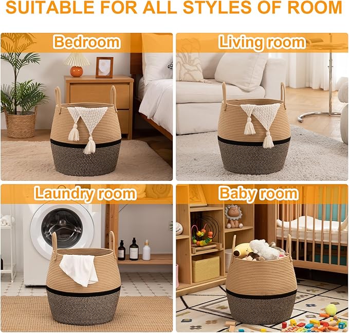 OIAHOMY 60L Blanket Basket with Handle, Storage Basket for Living Room, Laundry Hamper for Clothes, Towels, Pillows, Toy Storage for Kids and Dogs, Baby Hamper for Nursery - Brown & Black