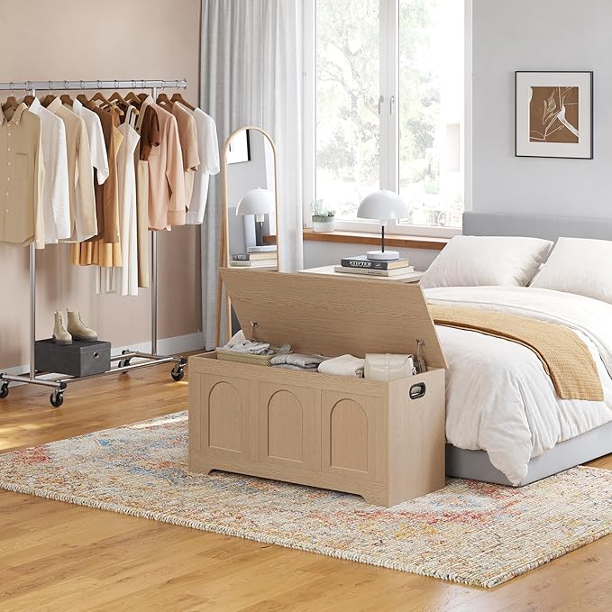 DINZI LVJ Storage Chest, 39.4âWooden Storage Box with 2 Safety Hinges, Entryway Shoe Bench with Flip-Top, Trunk for Living Room, Bedroom, Easy Assembly, Natural
