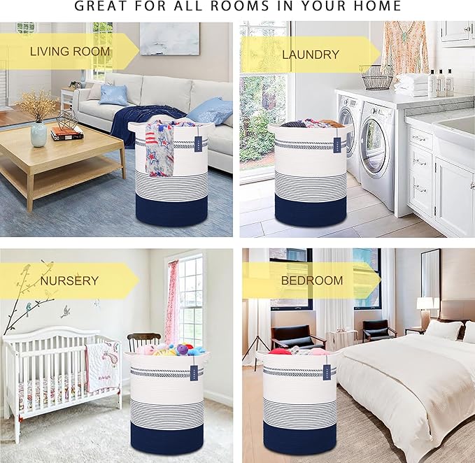 COMSE Extra Large Blanket Basket, Tall Laundry Basket, Nursery Hamper, 15.7âx 21.7â, Cotton Rope Woven Laundry Hamper for Storage Toys Clothes Towels, Navy Blue & White