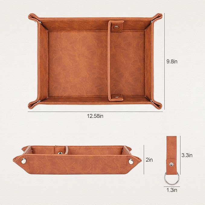 Deluxe Leather Tray Desktop Storage Organizer Watch Remote Control Jewelry Cell Phone Wallet Keychain Desktop Storage for Home, Camping Unique Gift Ideas for Men and Friends