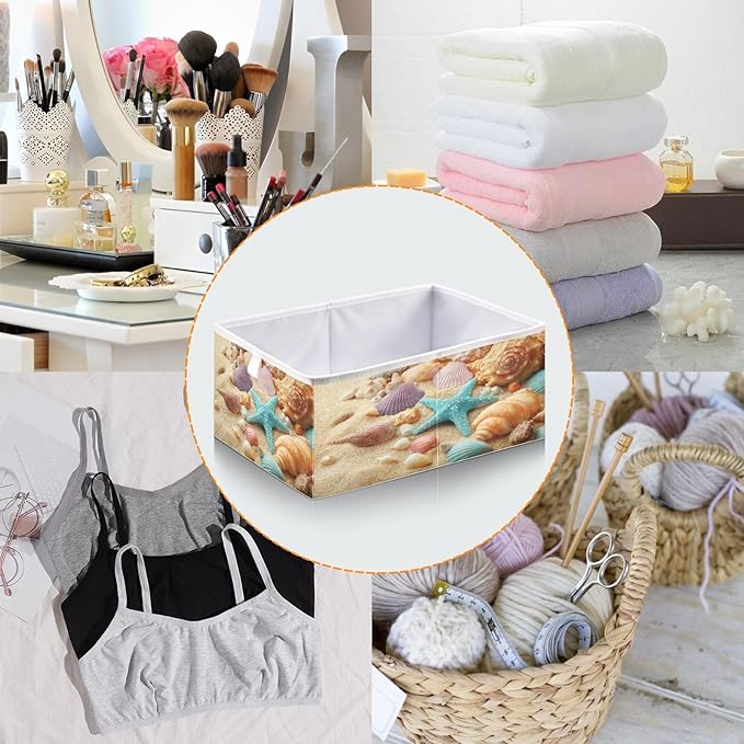 Blueangle Shells on Summer Beach Cube Storage Bin, 11 x 11 x 11 in, Large Collapsible Organizer Storage Basket for Home Décor