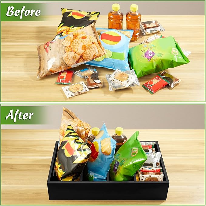 DRASTAR Pantry Organization and Storage Bins, Seasoning Packet Organizer with Removable Dividers,Wooden Storage Caddy for Kitchen, Pantry, Cabinet, Countertop (Black, Large)
