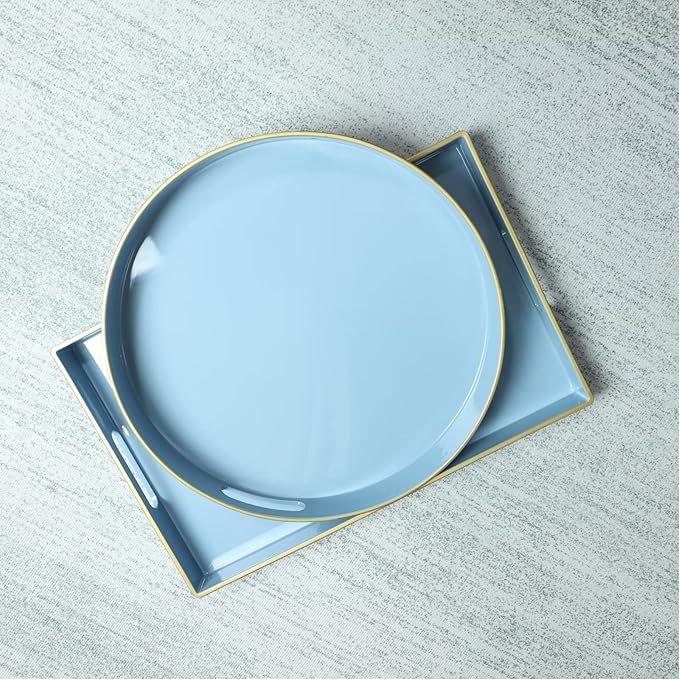 Spsyrine Round Blue Decorative Tray, 13" Plastic Serving Table Tray with Handles for Breakfast, Ottoman, Coffee Table, Bathroom, Kitchen, Living Room