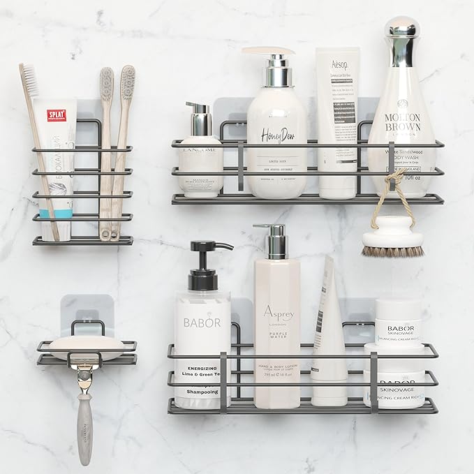 Dekula Adhesive Shower Caddy 4 Pack, Shower Shelves Organizer for Bathroom Storage, Rustproof Stainless Steel Bath Organizers, Kitchen, Adhesive or Screw, Soap Dish, Hooks, Wall Shelf