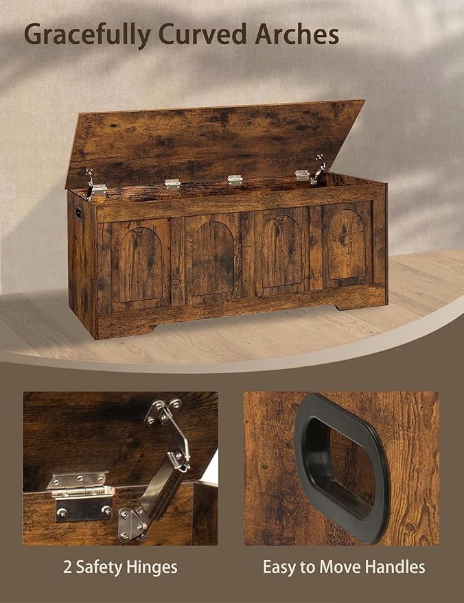 DINZI LVJ Storage Chest, 47.2âWooden Storage Box with 2 Safety Hinges, Entryway Shoe Bench with Flip-Top, Large Trunk for Living Room, Bedroom, Easy Assembly, Rustic Brown