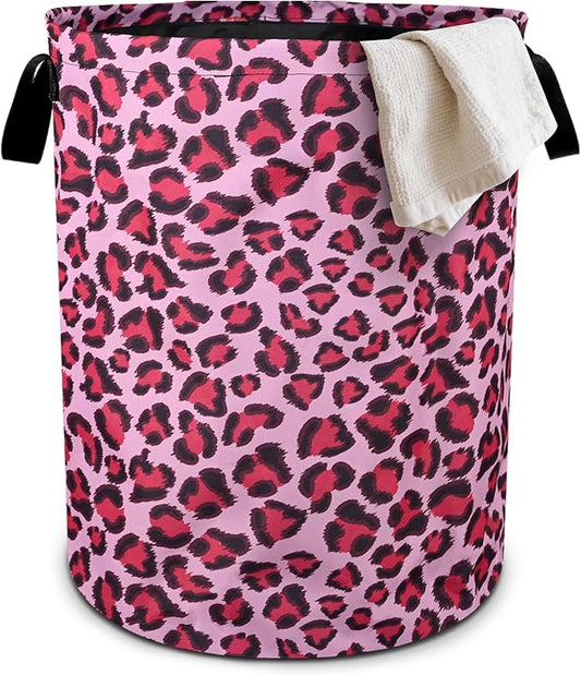 Pink Leopard Laundry Basket Foldable Oxford Cloth Tote Bag Laundry Hamper Clothes Storage Bucket Organizer For Bathroom/Laundry Storage/Bedroom 19.6x15.7 Inch
