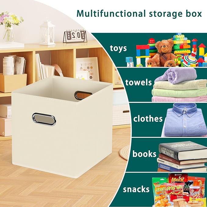 Black Foldable Storage Cubes Bins, Fabric Storage Box Cubes Organizer Baskets with Dual Handles for Home Organizer,Set of 6,(Creamy-White)