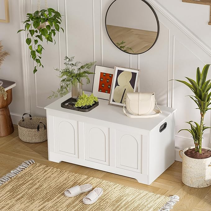 DINZI LVJ Storage Chest, 39.4â Wooden Toy Box with 2 Safety Hinges, Entryway Shoe Bench with Flip-Top, Sturdy Large Storage Trunk for Living Room, Bedroom, Playroom, Easy Assembly, White