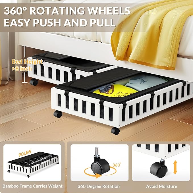 2 Pack Bamboo Under Bed Storage with Wheels, 39âx20âx7.8â Lager Under Bed Storage Containers (White)