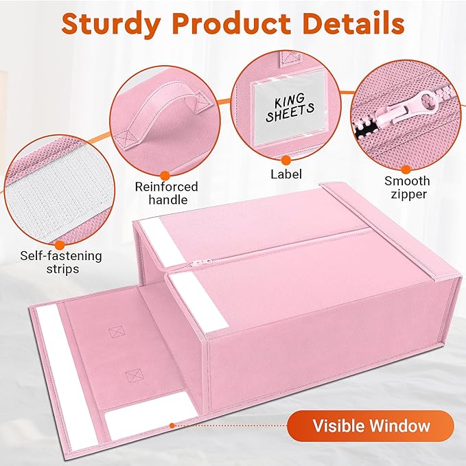 6 Pack Bed Sheet Closet Organizers and Storage,Sturdy Foldable Storage Containers with Window and Label,Storage and Organization for Bedding Sheets,Duvet Covers,Blankets (Pink)