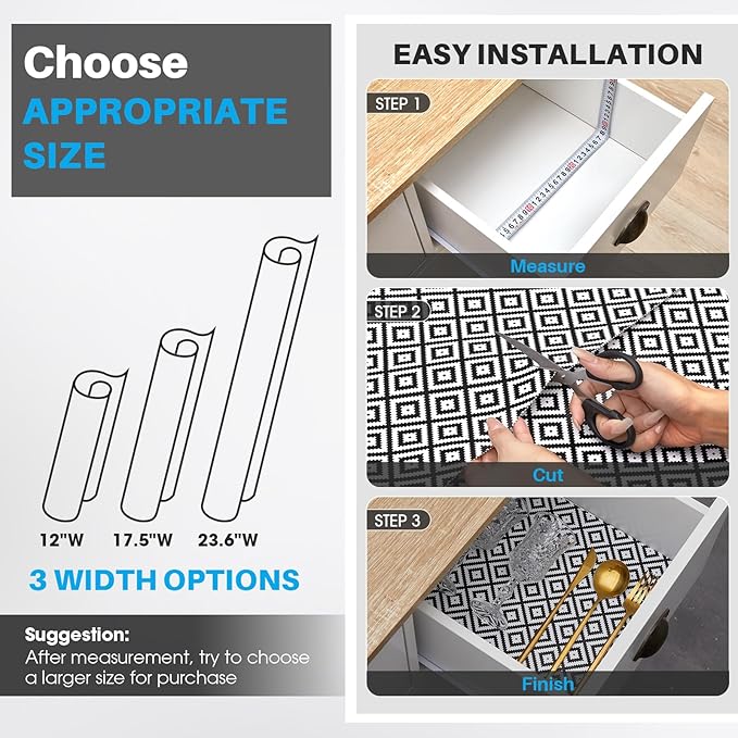 Coavas Extra Grip Thickened Shelf and Drawer Liner - Non-Adhesive Non-Slip Waterproof Mats for Kitchen Cabinets, Drawers, Shelves, Dresser & Cupboard, Easy Cut DIY (Black Rhombic, 24IN x 20FT)
