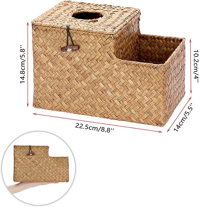 Sumnacon Square Woven Tissue Box Cover - Decorative Cube Tissue Box with Side Organizer, Rustic Seagrass Tissue Holder for Living Room Vanity Night Stand Table Countertop Office,Caramel