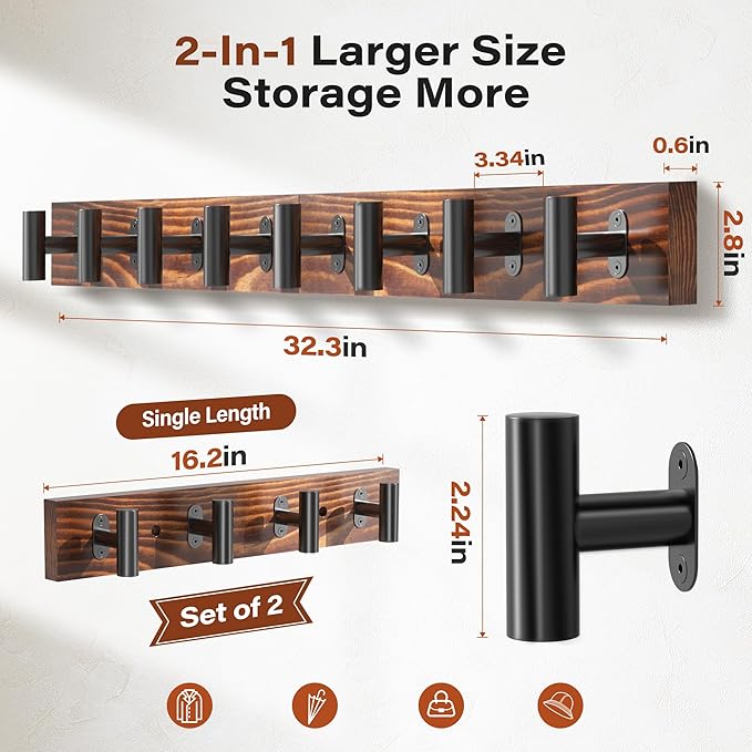 Coat Rack Wall Mount, 2 Pack Rustic Coat Hanger with 8 Black Metal Heavy Duty T Shaped Hooks, Pine Soild Wood Large Coat Hooks Wall Mounted for Entryway, Living Room, Bathroom (32.3")