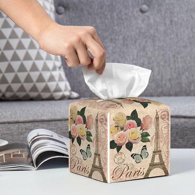Vintage Paris with Rose Tissue Box Cover Leather Tissue Box Holder Square Facial Paper Organizer Dispenser for Bathroom Kitchen Bedroom Vanity Countertop Night Stands