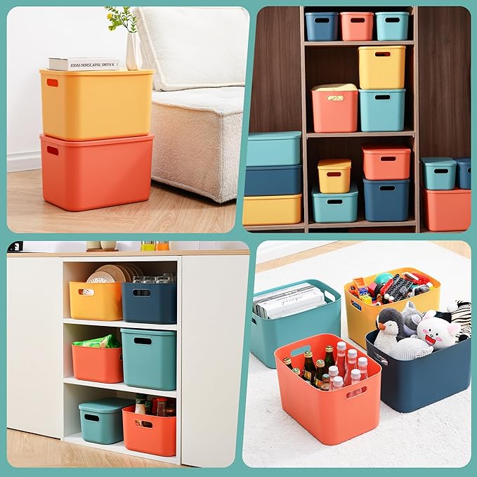 Plastic Storage Bins with Lid, Stackable Storage Containers for Organizing, Decorative Storage Baskets for Shelves Living Room Playroom Classroom Office (4 Large + 4 Small)