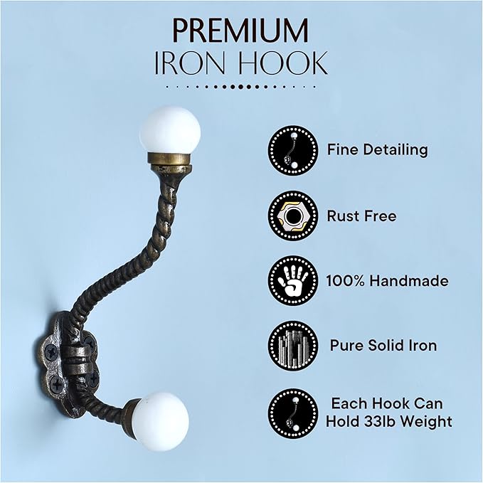 Indian Shelf 6 Pieces Heavy Duty Double Prong White Decorative Coat Hooks Unique Coat Rack Wall Mount Ceramic Wall Hooks for Hanging Towel Holder Backpack Purse Hanger- Style 7