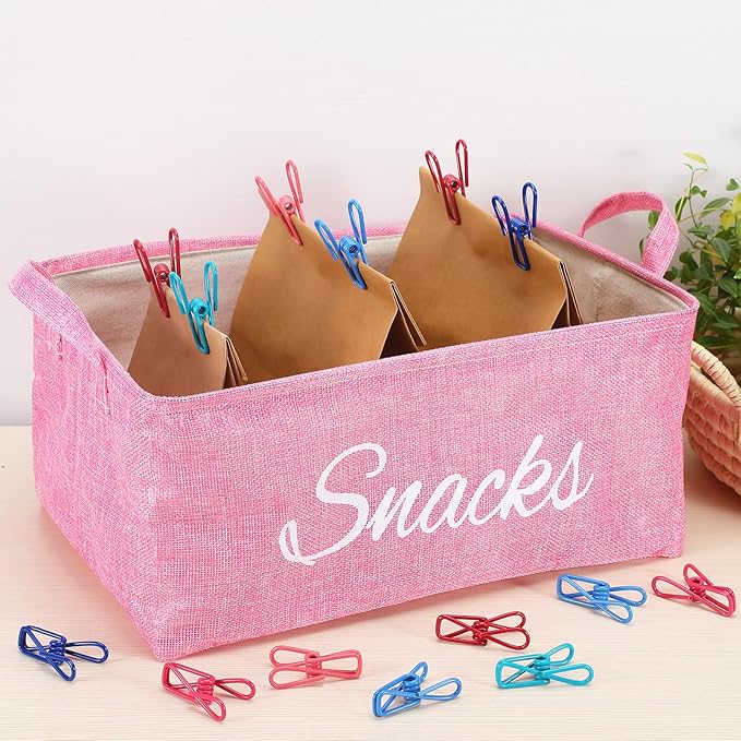 17 Pcs Snack Basket Sets, Snack Storage Bin for Pantry Shelves with 16 Pcs 2 Inch Chip Clips, Basket Organizer for Kitchen Home, Chips, Popcorn, Candy, Pretzels (Pink,Burlap)
