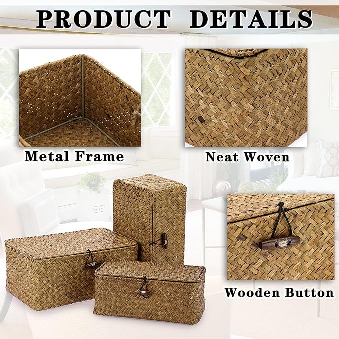 Wicker Basket With Lid - Rectangular Lidded Basket Box Natural Seagrass Storage Baskets Woven Decorative Basket Bin for Shelf Home Decor,Caramel Color,Set of 3