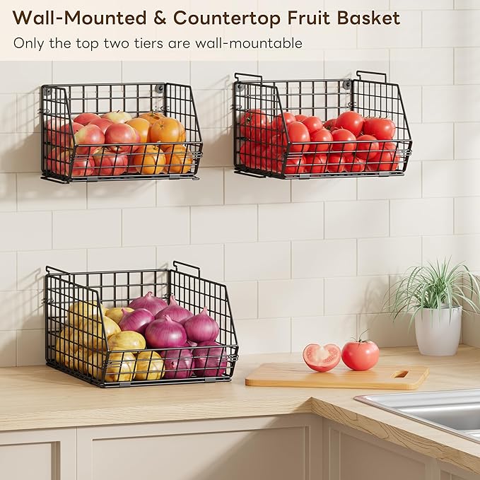 X-cosrack 3-Tier Stackable Wire Baskets for Counter, Fruit and Vegetable Storage, Potato and Onion Storage Bin，Kitchen Pantry Organizer - Wall Basket for Produce/Snack/Can, Black