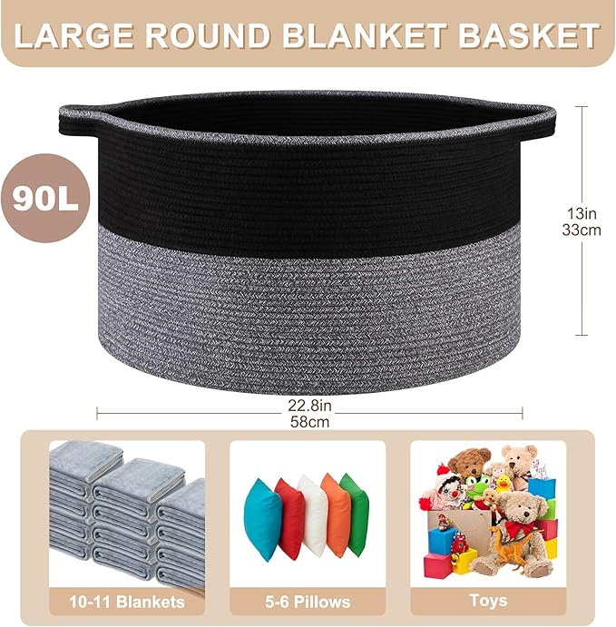 Large Blanket Basket with Handles, 22.8" x 22.8" x 13" Woven Storage Basket for Living Room, Cotton Rope Baby Toy Storage for Clothes, Pillows, Towels-Black and Grey