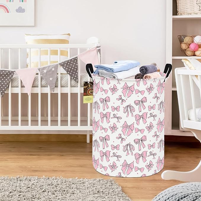 HUNRUNG Laundry Hamper,Large Canvas Fabric Lightweight Storage Basket Toy Organizer Dirty Clothes Collapsible Waterproof for College Dormsï¼Round-Pink Bowï¼