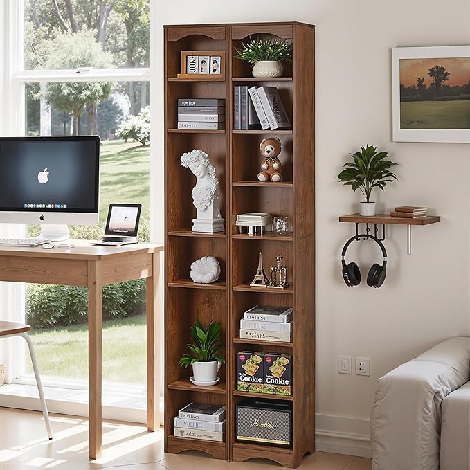 VECELO 6 Adjustable Shelf Narrow Storage Shelf - Elevated Dust-Resistant Base, Customizable Compartment Heights, Brown Display Shelf for Small Spaces