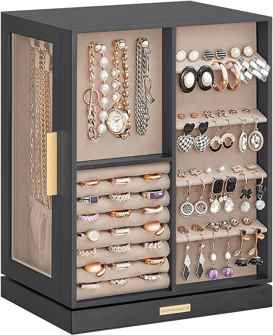 SONGMICS Jewelry Box 360° Rotating, Jewelry Storage Case with 5 Drawers, Jewelry Organizer, Glass Window, Spacious, Vertical Jewelry Storage, Open Design, Great Gift, Slate Gray UJBC170G01