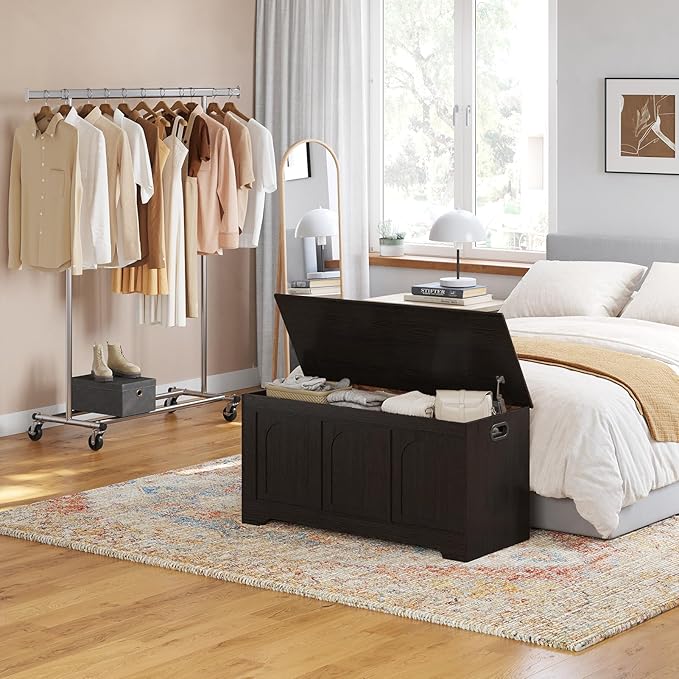 DINZI LVJ Storage Chest, 39.4â Wooden Toy Box with 2 Safety Hinges, Entryway Shoe Bench with Flip-Top, Sturdy Large Storage Trunk for Living Room, Bedroom, Playroom, Easy Assembly, Espresso