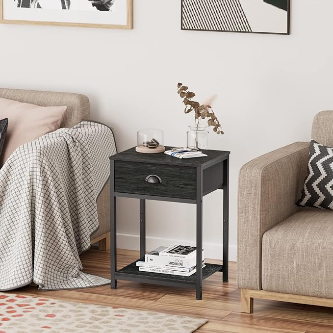 Nightstands Set of 4, Industrial End Table with Fabric Drawer&Storage Shelf, Small Bedside Table Organizer for Small Space, Side Table for Living Room, Tall 23.6" Night Stand for Bedroom, Black Oak