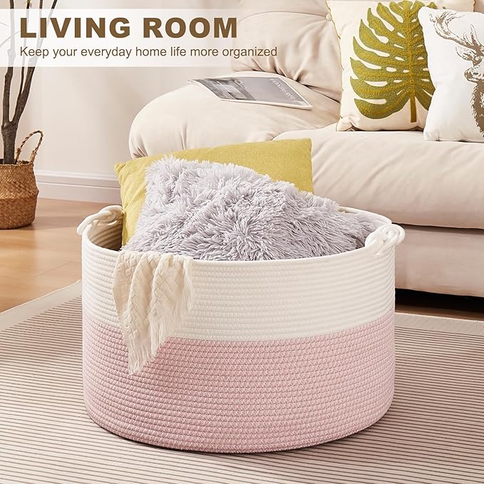 Large Blanket Storage Basket for Living Room, 22.8" x 22.8" x 13" Woven Cotton Rope Basket with Handles, Baby Toy Storage, Laundry Hamper for Clothes, Pillows, Towels-Pink and White