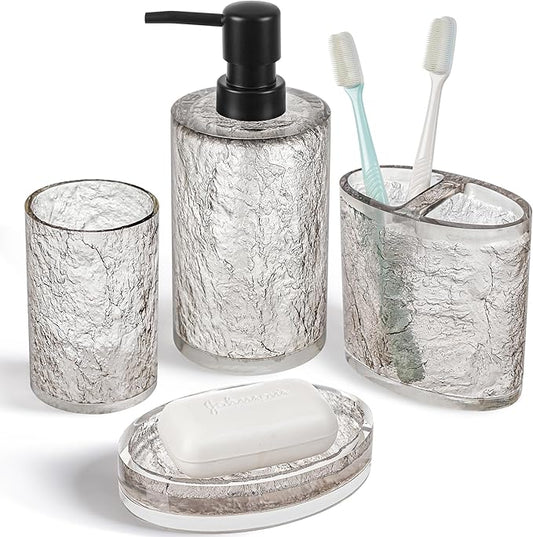 Modern Luxe Bathroom Accessories Set 4 Pcs Resin Bathroom Accessory Set Soap Dispenser Toothbrush Holder Tumbler Soap Dish Easy to Clean Crackle Pattern Translucent Black