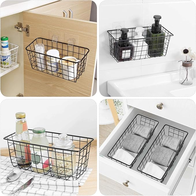 6 Pack Wire Storage Baskets Household Metal Wall-Mounted Containers Organizer Bins for Kitchen Bathroom Freezer Pantry Closet Laundry Room Cabinets Garage Shelf, Large