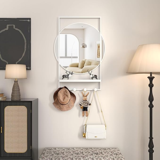 WONSTART 28" x 20" Entryway Mirror with Hooks, Bathroom Mirror with Shelf, Rectangular Frame Round Wall Mirror with Shelf and Hooks, Vanity Mirror Decorative for Wall(White)