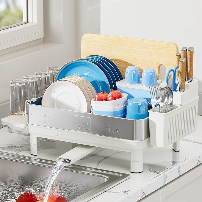 Ewaiira Dish Drying Rack, 304 Stainless Steel Dish Racks for Kitchen Counter, Dish Drainers with Automatic Drainage, Utensil Holder & Cups Holder, Space Saving Kitchen Organizer, White