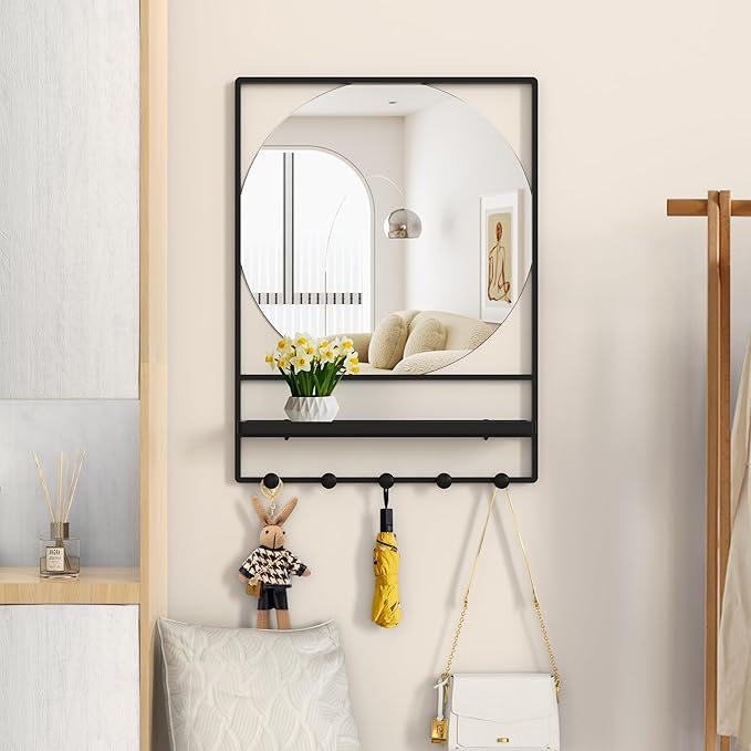 WONSTART Wall Mirror with Shelf and Hooks, 21" X 28" Metal Framed Bathroom Mirror with Shelf, Decorative Mirror for Bathroom, Entryway, Bedroom, Living Room (Black, 21 x 28)