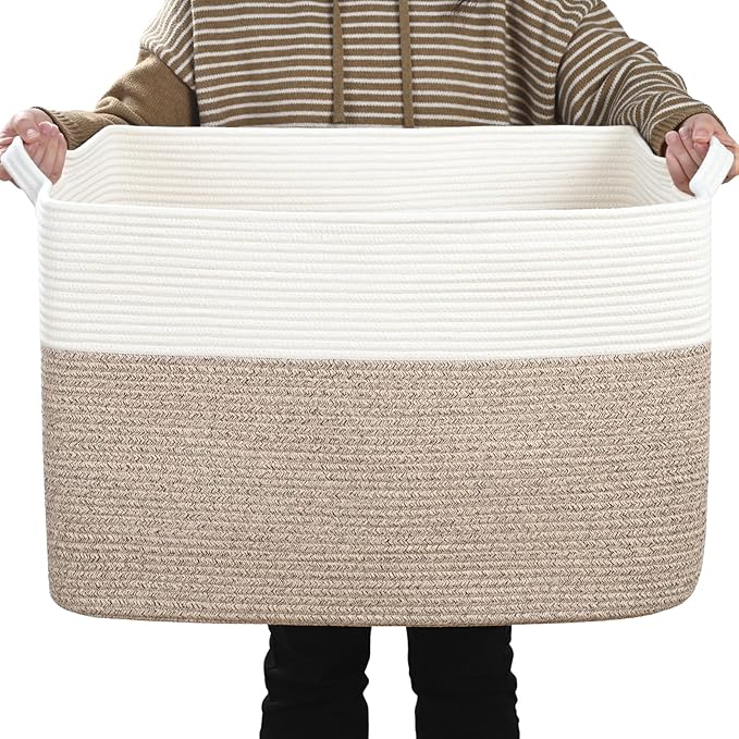 Large Blanket Basket, 100L Storage Baskets for Organizing, Woven Laundry Basket for Blankets, Cotton rope Blanket Storage for Living Room, Nursery Room, 24.8" L x 15.74" W x 15.74" H, Brown