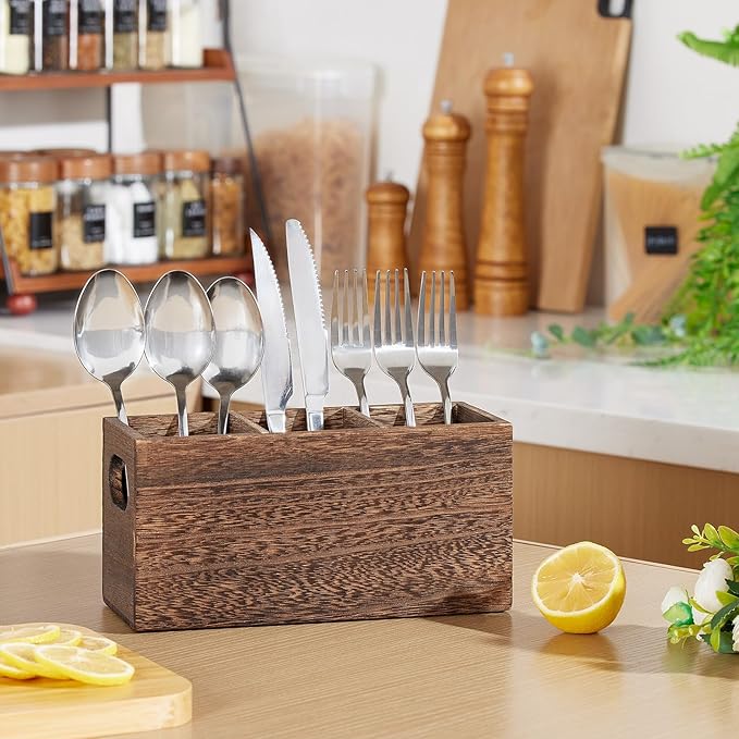 Wooden Silverware Holder, Kitchen Utensil Caddy with 3 Compartments, Cutlery Storage Organizer Countertop, Flatware Organizer for Party, Spoon, Fork Holder