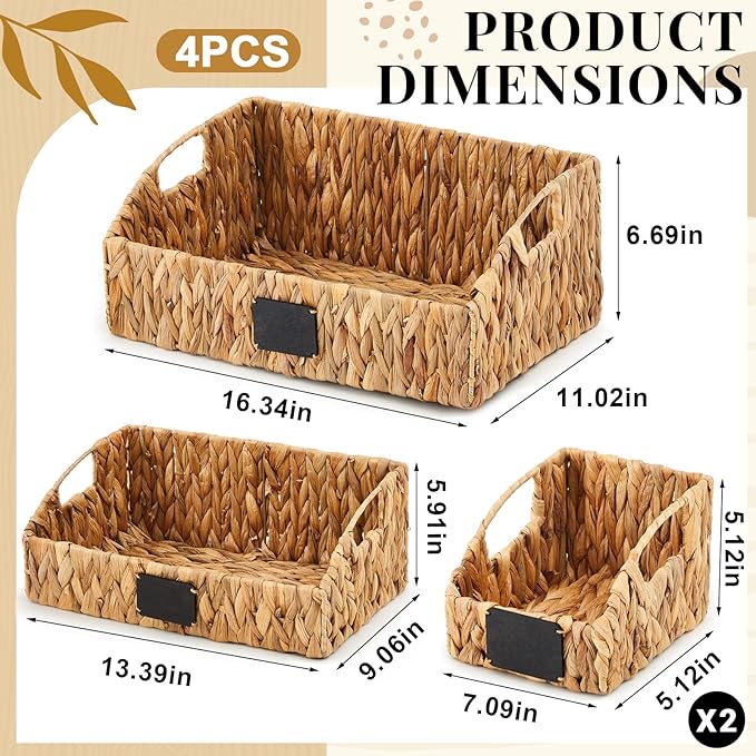 4 Pcs Water Hyacinth Storage Basket Set Wicker Rattan Pantry Basket with Chalkboard Label Handles Woven Container Kitchen Laundry Large Small for Shelves Food Home Bathroom Decor