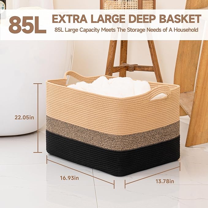 CLHMILY&Z Stylish Square Cotton Rope Storage Basket (Black & Camel, 85L)