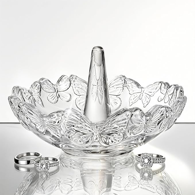 kanpura Crystal Glass Jewelry Tray with Butterfly Pattern Decorative Trinket Dish for Rings Earrings Necklaces Birthday Mother's Day Gift for Women, 4 ", Clear