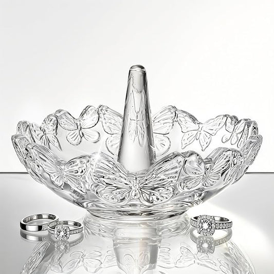 kanpura Crystal Glass Jewelry Tray with Butterfly Pattern Decorative Trinket Dish for Rings Earrings Necklaces Birthday Mother's Day Gift for Women, 4 ", Clear