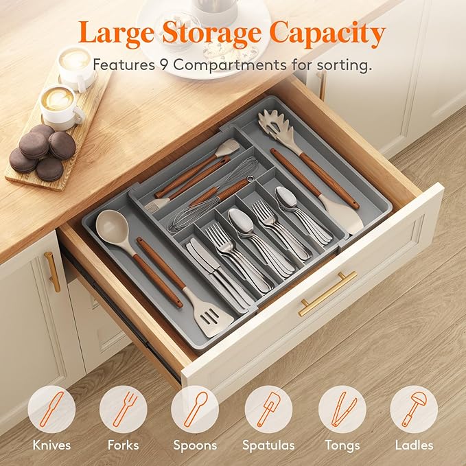Lifewit Silverware Drawer Organizer, Expandable BPA Free Plastic Utensil Tray for Kitchen, Adjustable Flatware Cutlery Holder for Spoons Forks Knives, 13-22.3 x 16.7", Gray
