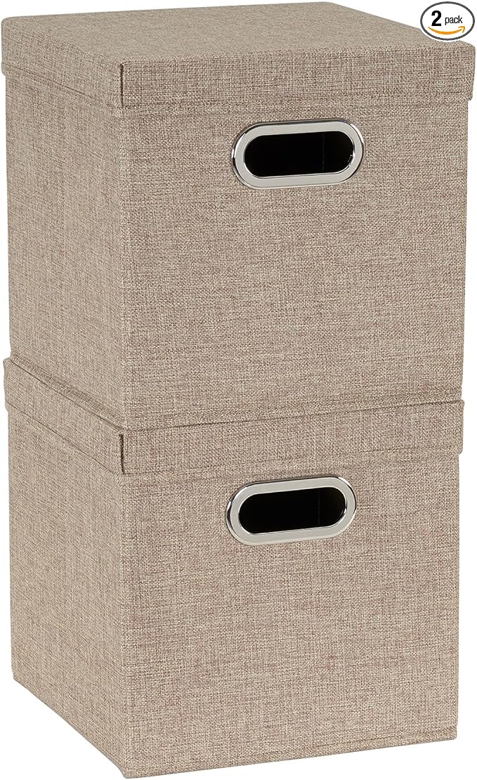 Household Essentials 802-1 Café Cube Bin Storage Set with Lids and Handles | 2 Pack, Brown Linen
