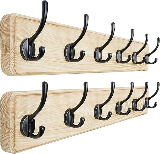 Dseap Coat Rack Wall: 24" Long, Patented, Heavy-Duty, 6-Double-Hooks Wooden Wall Mounted Coat Rack Coat Hanger Hook Rail for Winter Coats Hat Jacket Clothing, Light Brown, Pack of 2