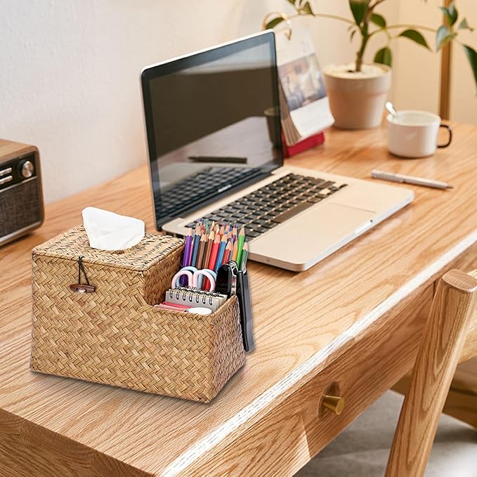 Sumnacon Square Woven Tissue Box Cover - Decorative Cube Tissue Box with Side Organizer, Rustic Seagrass Tissue Holder for Living Room Vanity Night Stand Table Countertop Office,Caramel